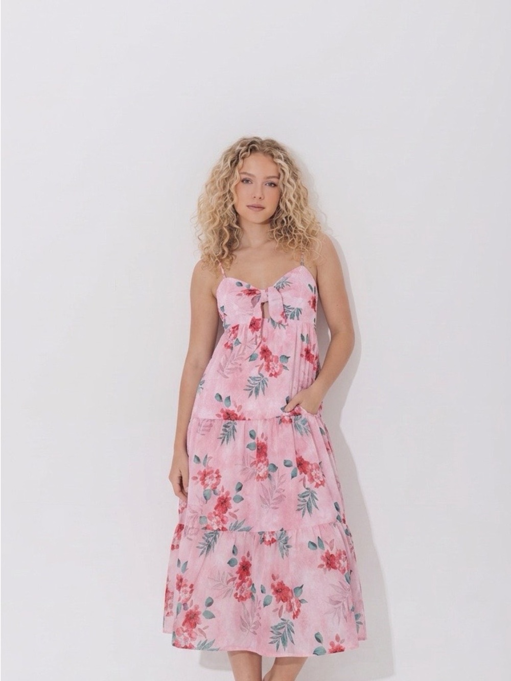 NSR Pink Floral Tie-Front Midi Dress
